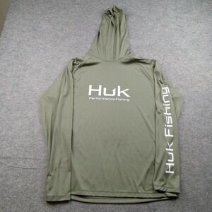 Huk Shirt Mens Medium Green Performance Fishing Hooded Long Sleeve Sun Top